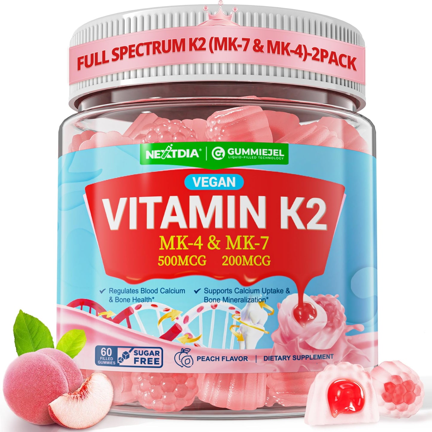 Vitamin K2 Gummies MK-7 200 mcg & MK-4 500 mcg for Women & Men Sugar Free, Perfect 2-IN-1 Full Spectrum Vitamin K2 Supplement for Bone, He-art, Promotes Calcium Absorption, Brain, Teeth, Immune,1Pack