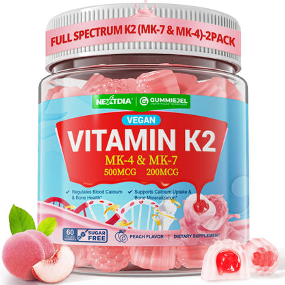 Vitamin K2 Gummies MK-7 200 mcg & MK-4 500 mcg for Women & Men Sugar Free, Perfect 2-IN-1 Full Spectrum Vitamin K2 Supplement for Bone, He-art, Promotes Calcium Absorption, Brain, Teeth, Immune,1Pack
