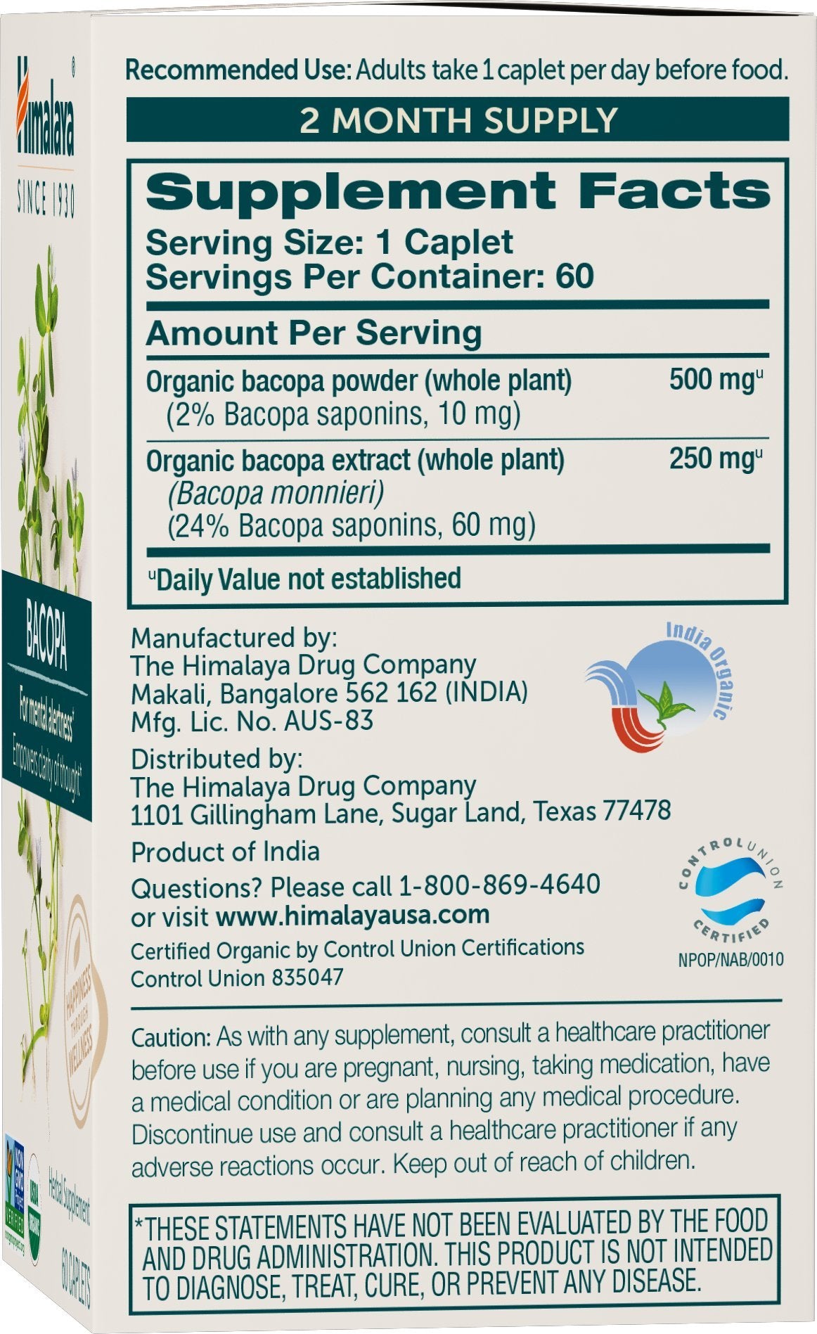 Himalaya USDA Organic Bacopa Monnieri Supplement,750 mg,60 Caplets