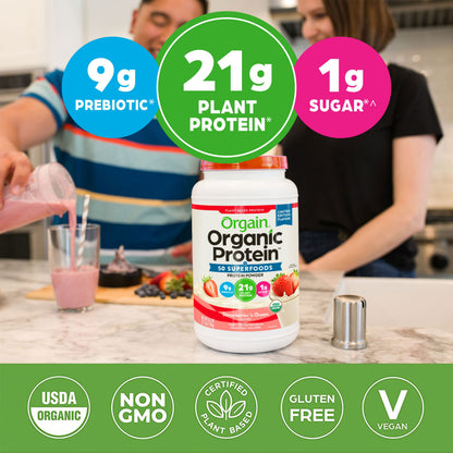 Orgain Organic Vegan Protein Powder + 50 Superfoods, Strawberries and Cream