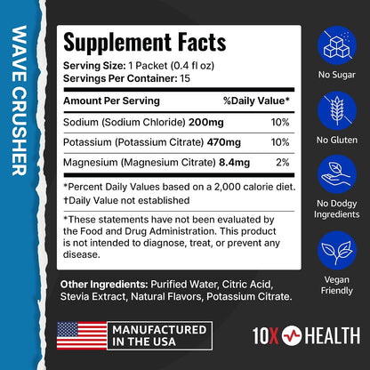 10X Health Electrolyte Drink Mix - Wave Crusher, 15 Sticks | Hydration Packets: Sodium, Magnesium & Potassium Citrate, Wave Crusher, 15 Sticks