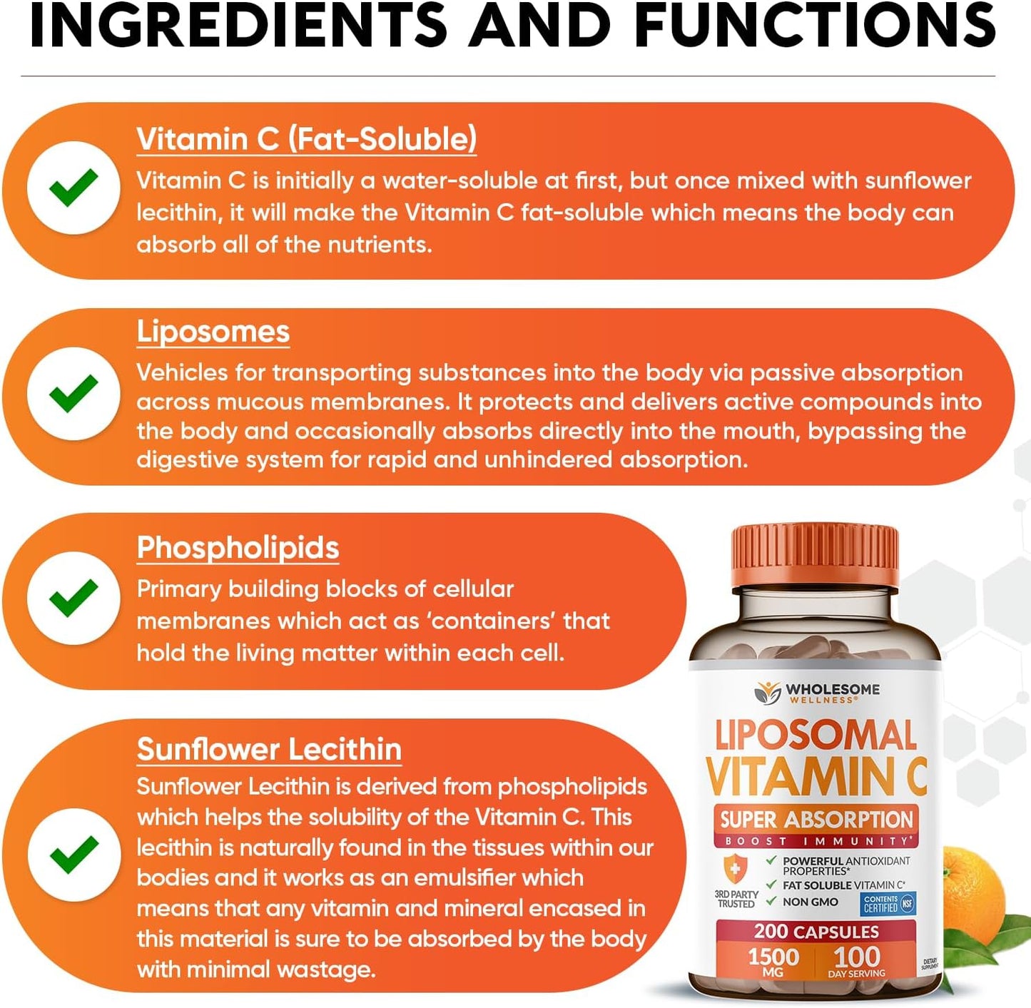 Wholesome Wellness Liposomal Vitamin C Capsules (200 Pills 1500mg Buffered) High Absorption, Immune System & Collagen Booster, High Dose Fat Soluble Immunity Support Ascorbic Acid, Natural Vegan