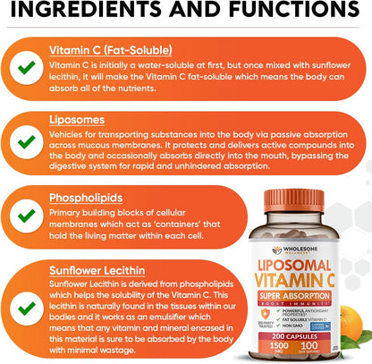 Wholesome Wellness Liposomal Vitamin C Capsules (200 Pills 1500mg Buffered) High Absorption, Immune System & Collagen Booster, High Dose Fat Soluble Immunity Support Ascorbic Acid, Natural Vegan
