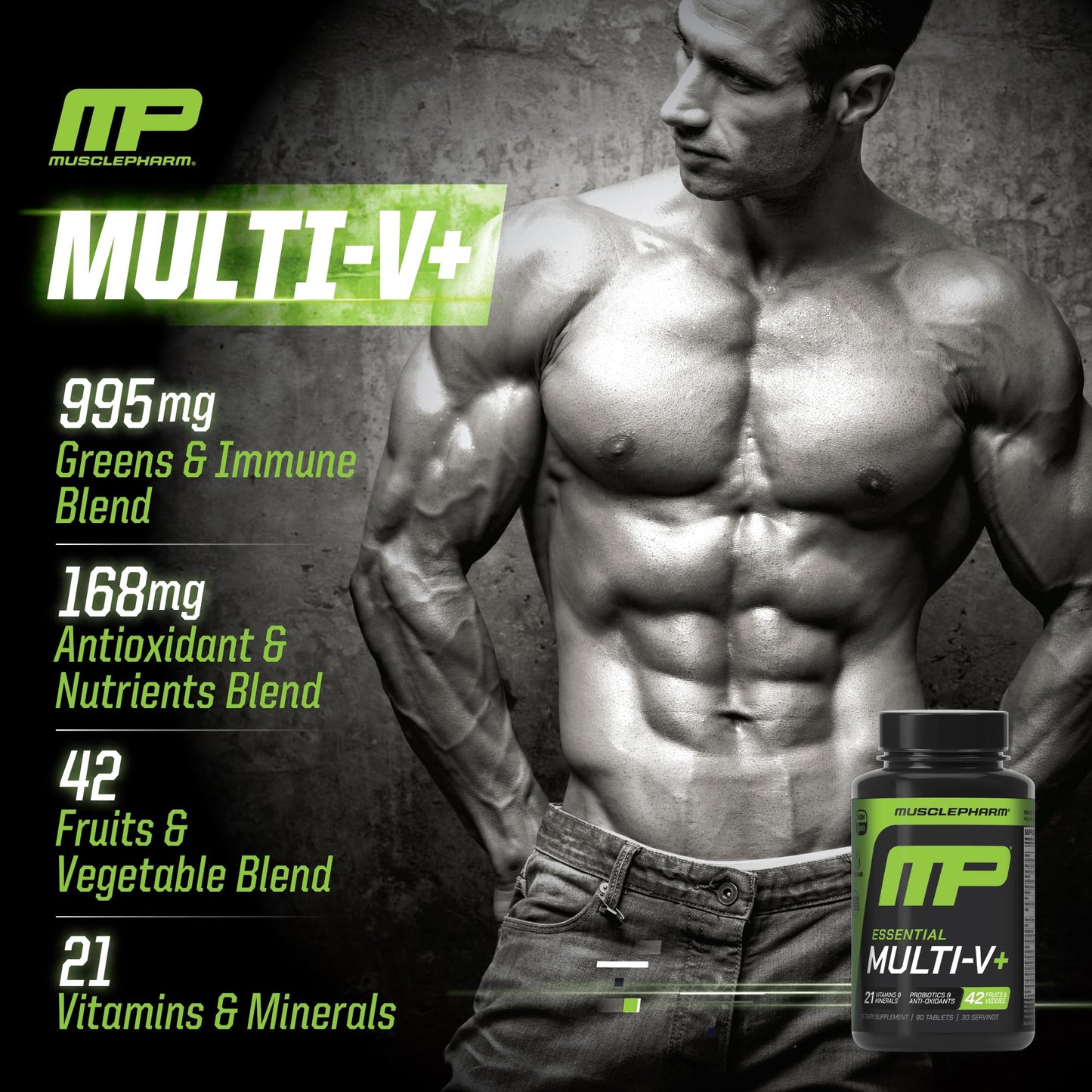Muscle Pharm Essentials Multi-V+, The Athlete's Multi-Vitamin, Enhanced Energy, Performance & Immune Health, Daily Multivitamin for Men & Women with Minerals Plus Probiotics, 90 Tablets, 30 Servings