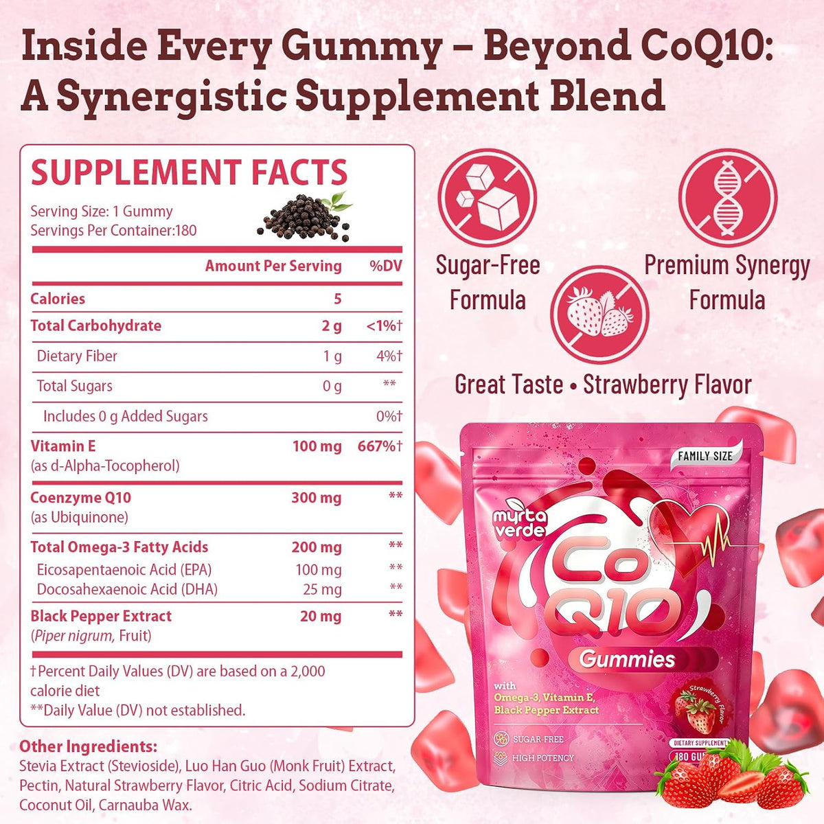 (180 Count) CoQ10 Gummies 300mg Sugar-Free | High Absorption Coenzyme Q10 Supplements with Omega-3, Vitamin E & Black Pepper | Heart, Fertility & Energy | 6 Month Supply, Strawberry Flavor