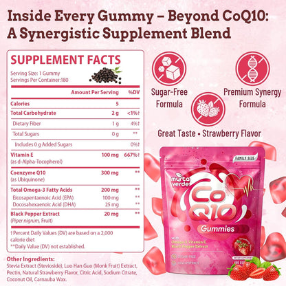 (180 Count) CoQ10 Gummies 300mg Sugar-Free | High Absorption Coenzyme Q10 Supplements with Omega-3, Vitamin E & Black Pepper | Heart, Fertility & Energy | 6 Month Supply, Strawberry Flavor
