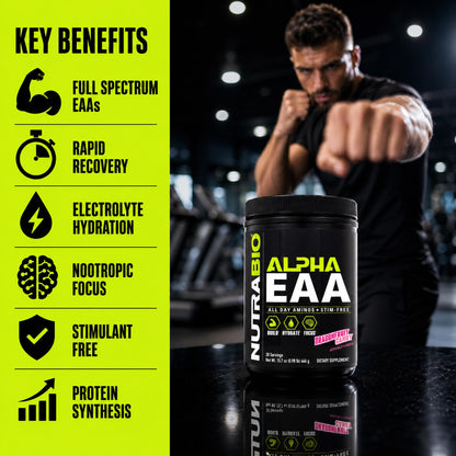 NutraBio Alpha EAA - All-Day Amino Acids for Muscle Growth and Hydration - Essential Amino Acids with Nootropics & Adaptogens- Full Spectrum EAA BCAA Powder - 30 Servings - Strawberry Lemon