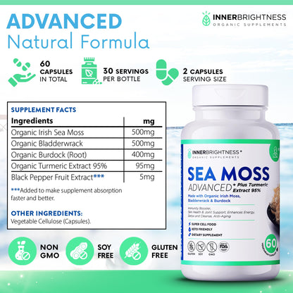 Inner Brightness 1500mg Organic Irish Sea Moss Capsules Max Absorption + 95% Turmeri