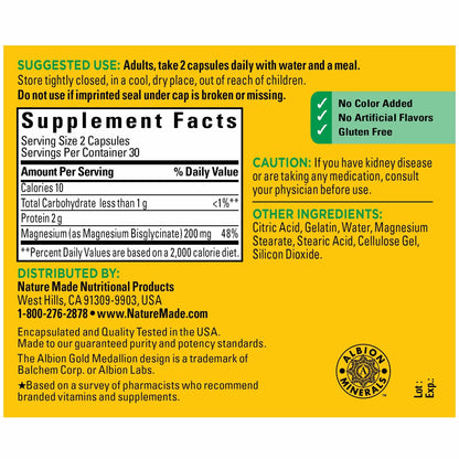 Nature Made Magnesium Glycinate 200 mg per Serving, Dietary Supplement for Muscle