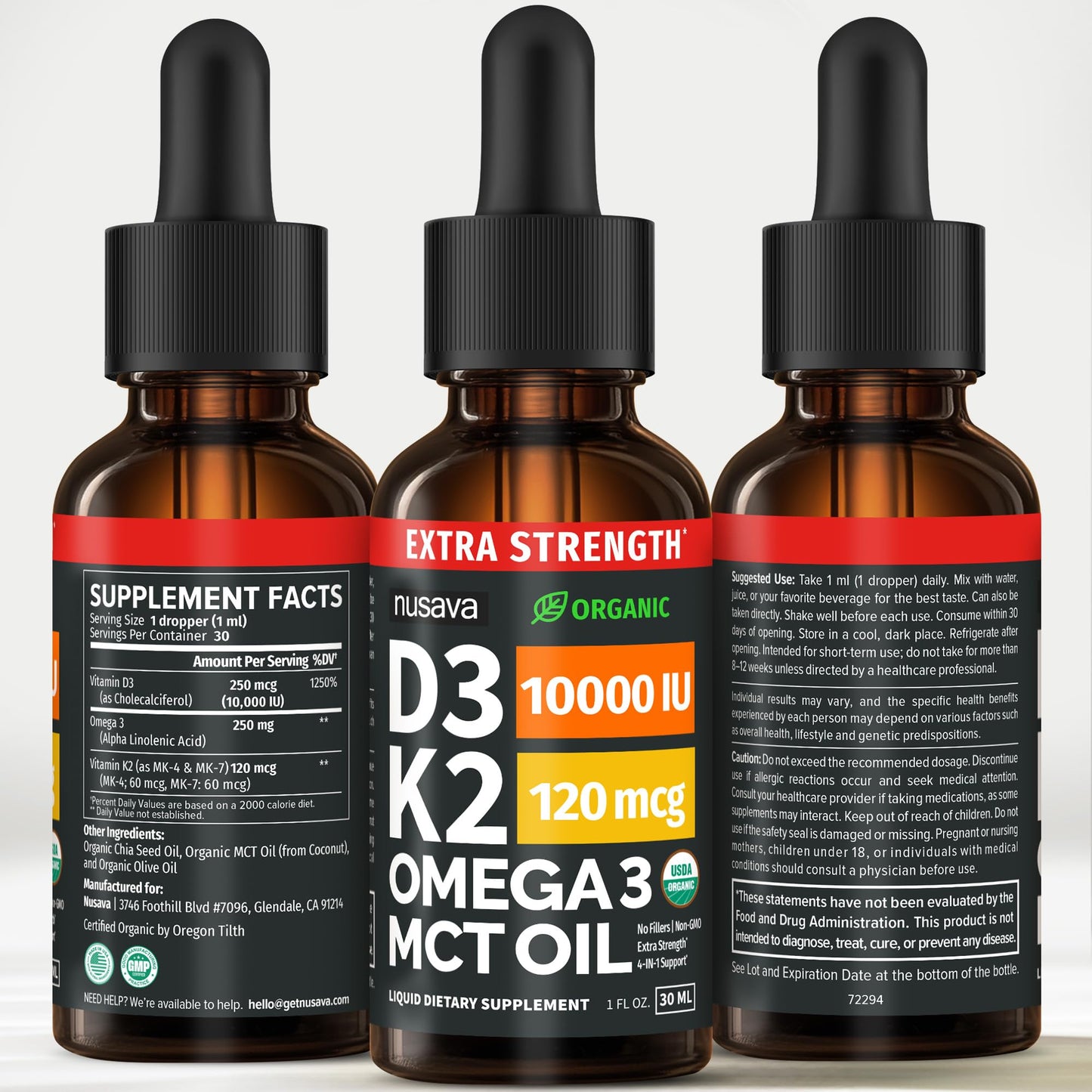 (2 Pack) Organic Vitamin D3 K2 Drops with MCT Oil & Omega 3 - Liquid Vitamin D3 5000 IU - K2 D3 Vitamin Supplement - Vitamin D Drops for Women & Men - No Fillers, Non-GMO, GMP, Unflavored (2 Fl Oz)