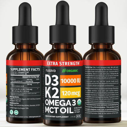 (2 Pack) Organic Vitamin D3 K2 Drops with MCT Oil & Omega 3 - Liquid Vitamin D3 5000 IU - K2 D3 Vitamin Supplement - Vitamin D Drops for Women & Men - No Fillers, Non-GMO, GMP, Unflavored (2 Fl Oz)