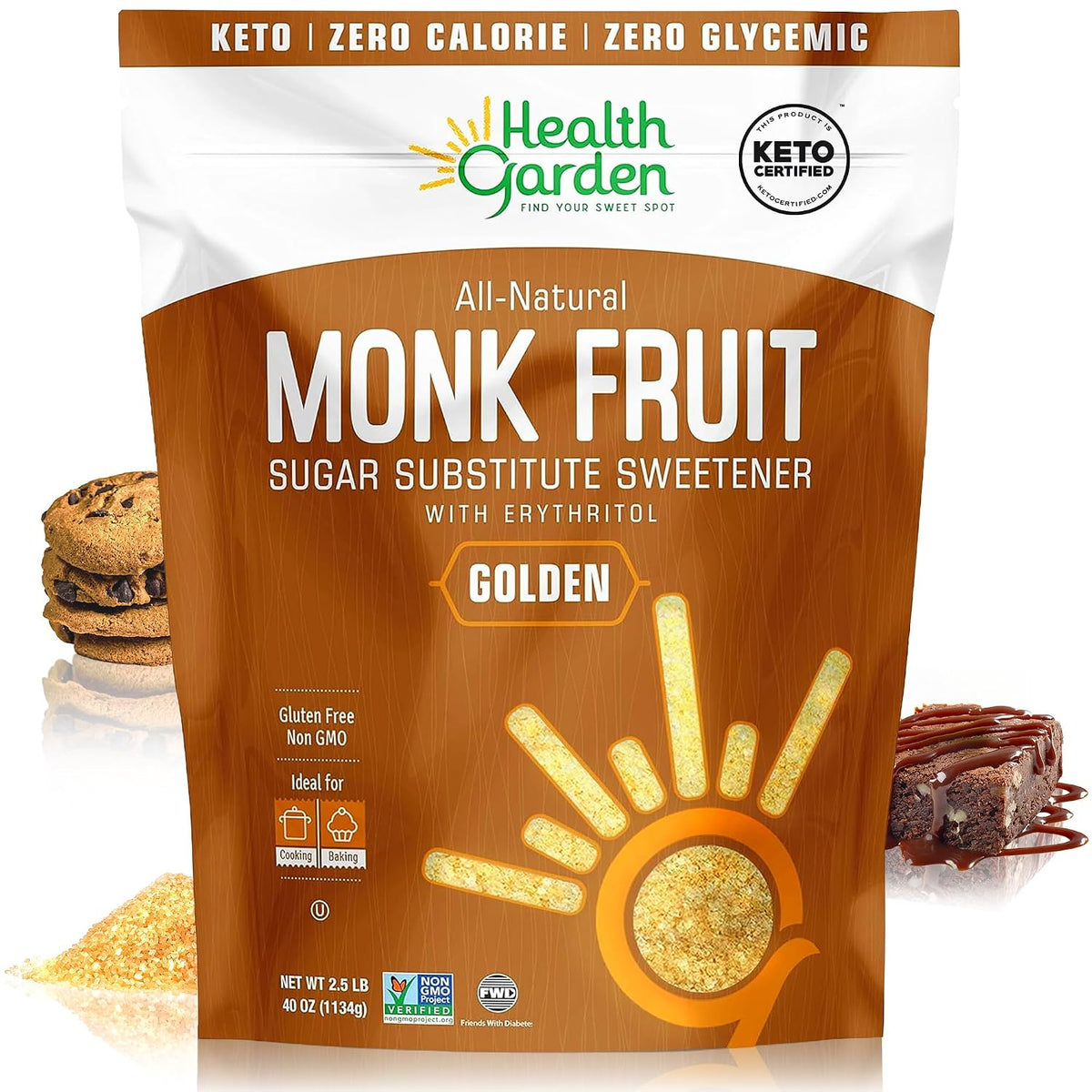 Health Garden Monk Fruit Sweetener, Golden Sugar Substitute - 2.5 lb
