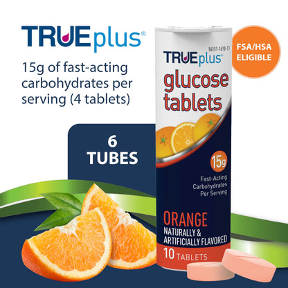 TRUEplus Glucose Tablets, Raspberry Flavor, 10 Count, 6 Tubes | Chewable Tablets, 15g Fast-Acting Carbohydrates, Fat Free, Gluten Free, Boosts Energy, Great Tasting and Easy to Use
