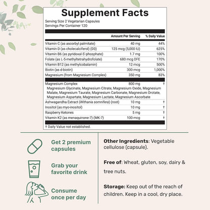 Magnesium Complex for Women | Glycinate, Citrate & More – 20-in-1 Formula with D3, K2 (MK-7), B6 (as P5P) & Ashwagandha | 240 Vegetarian Capsules, Filler Free, Non-GMO
