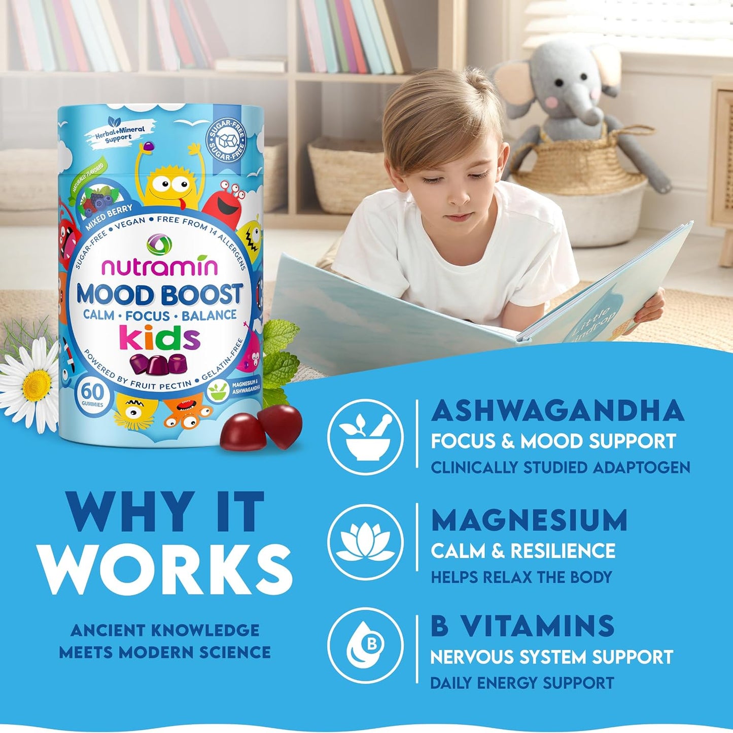 Nutracelle NUTRAMIN Kids Mood Boost Vegan Vitamin Gummy: Magnesium Citrate Supplement for Children with Ashwagandha & Vitamin B Complex to Relax & Focus - Sugar-Free, Wild Berry - 60ct (60 Count)