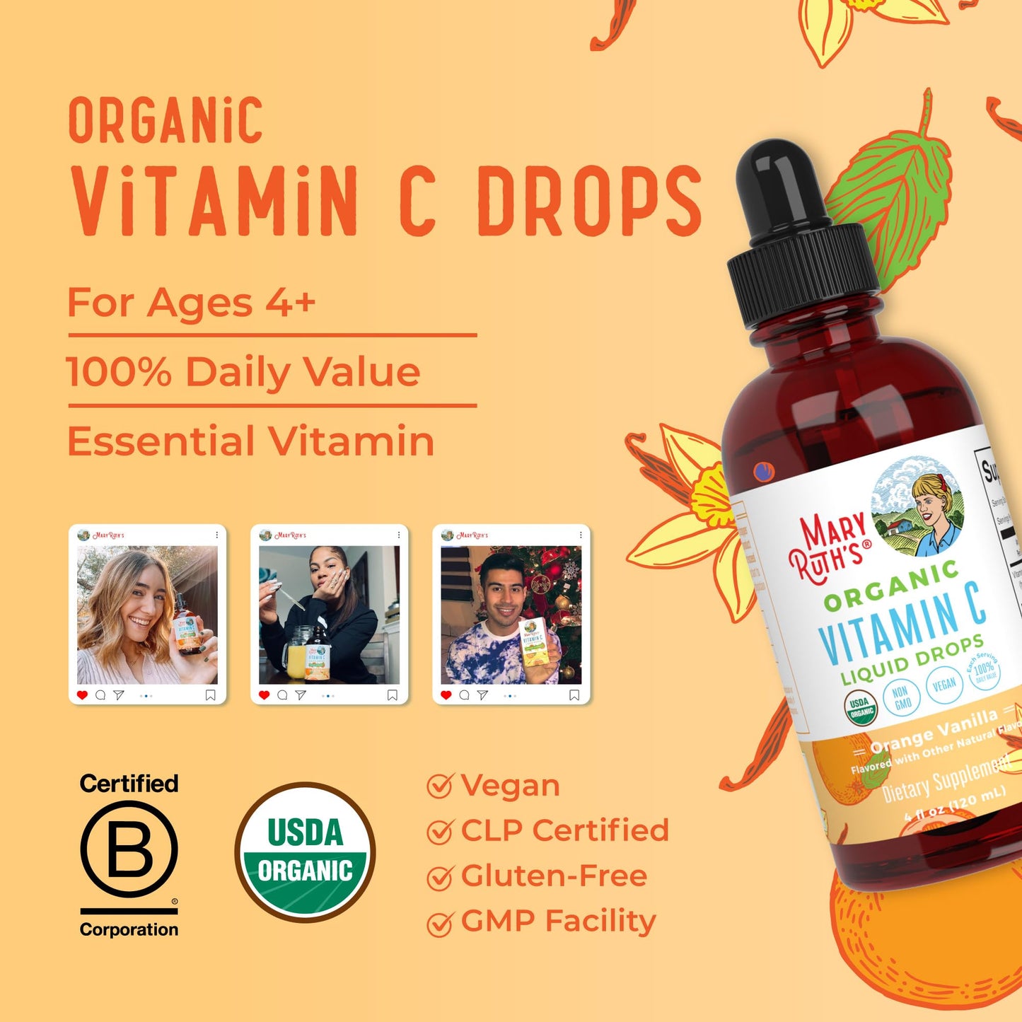 MARYRUTH'S USDA Organic Kids Vitamin C Drops Vegan Vitamin C Immune Support Supplement for Ages 4-13 | Immune Support & Overall Health | Vitamin C from Organic Acerola Fruit Extract | 2oz