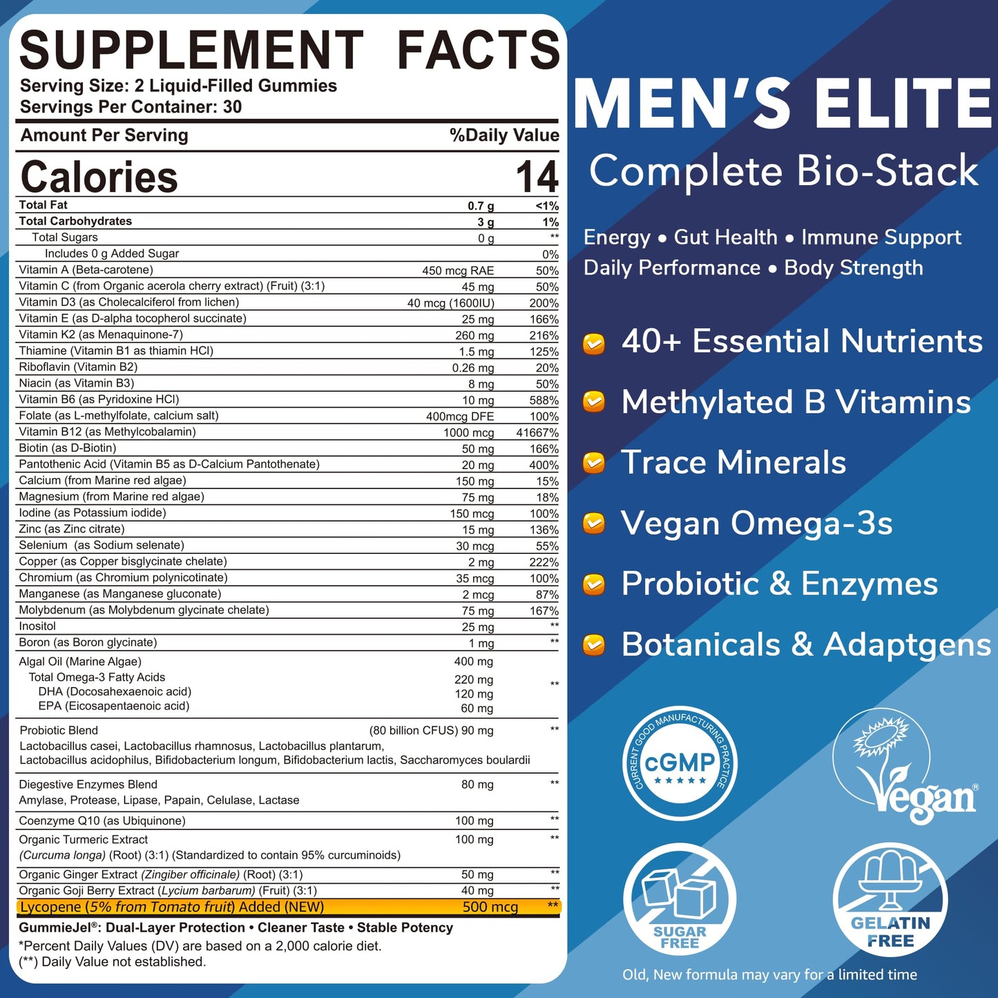Mens Multivitamins Gummies, Methylated Multivitamin for Men, B Complex, Minerals, Vegan Omega 3, Probiotic, Enzyme, Antioxidants for Men's Complete Daily Support, Sugar Free, Vegan (No Iron) 60 Counts
