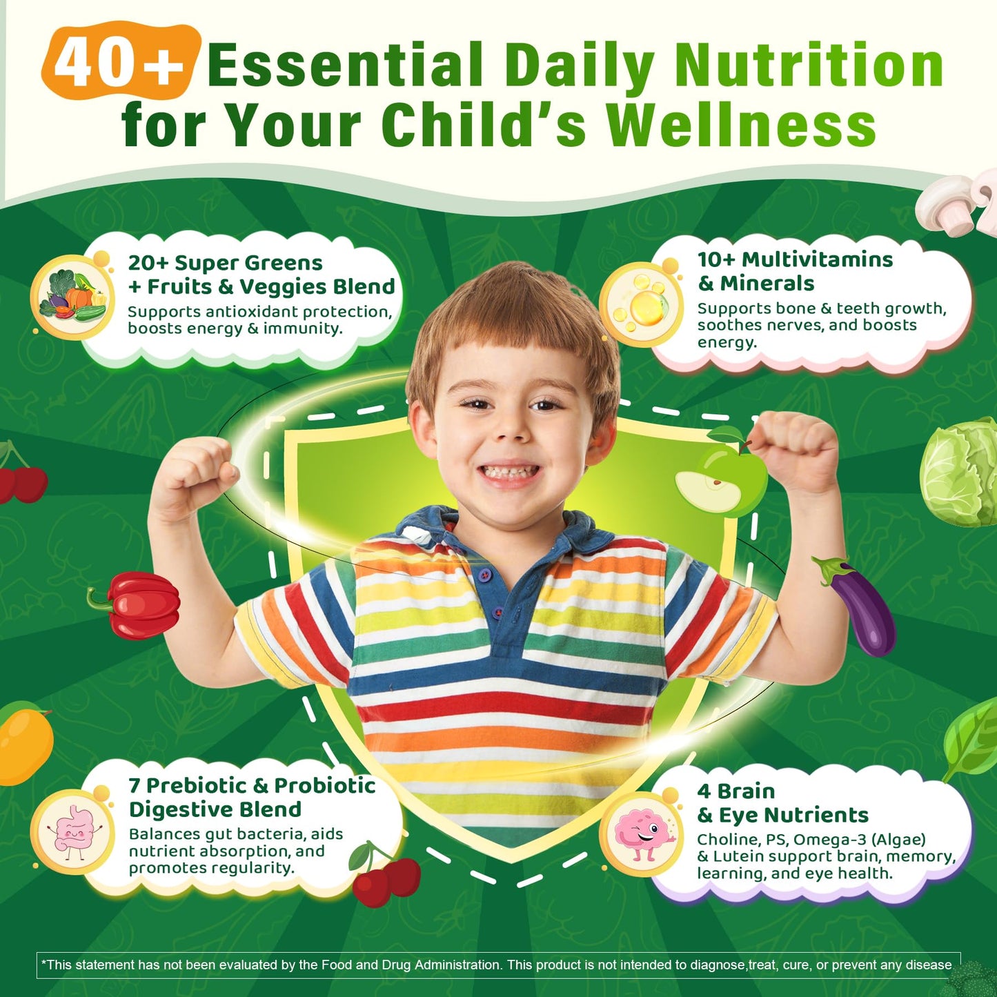 Kids Multivitamin Gummies, 20+ Super Greens Fruit Veggies Supplement Superfood Daily Fiber Gummies for Picky Eater with Probiotics Kids Gummy Vitamins & Minerals for Growth, Gut, Immune Support, 60Cts