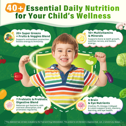 Kids Multivitamin Gummies, 20+ Super Greens Fruit Veggies Supplement Superfood Daily Fiber Gummies for Picky Eater with Probiotics Kids Gummy Vitamins & Minerals for Growth, Gut, Immune Support, 60Cts