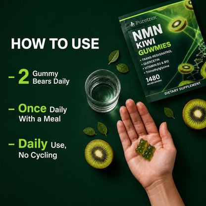 NMN Gummies 500mg with Trans-Resveratrol 200mg, Quercetin, TMG, Vitamin D3 B12, 1480mg NAD+ Supplement, Cellular Energy, Longevity & Healthy Aging Support, Vegan, 60 Kiwi Gummy Bears