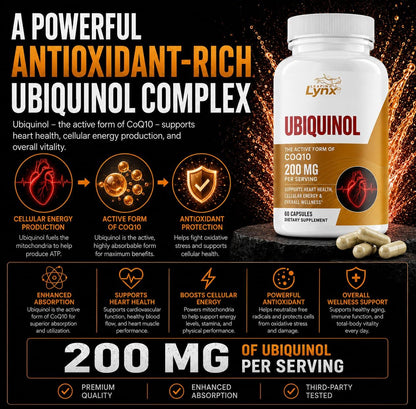 Ubiquinol CoQ10 200mg – High Absorption Active Coenzyme Q10 Supplement for Heart Health, Energy & Cellular Vitality | 60 Capsules, 60-Day Supply | Bioavailable Antioxidant Formula | Non-GMO