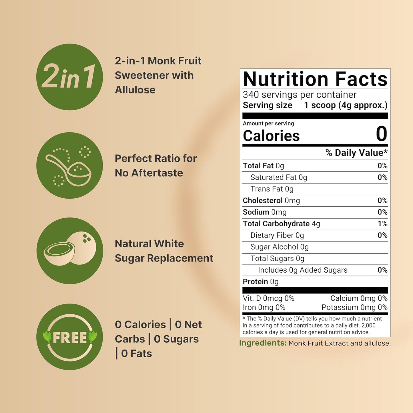 Monk Fruit & Allulose Sweetener with No Erythritol, 3 Pounds | 0 Aftertaste, 0 Calories, 0 Net Carbs – 1:1 Sugar Substitute – Perfect Sweet Balance for Baking, Cooking, Beverages – Keto, Vegan