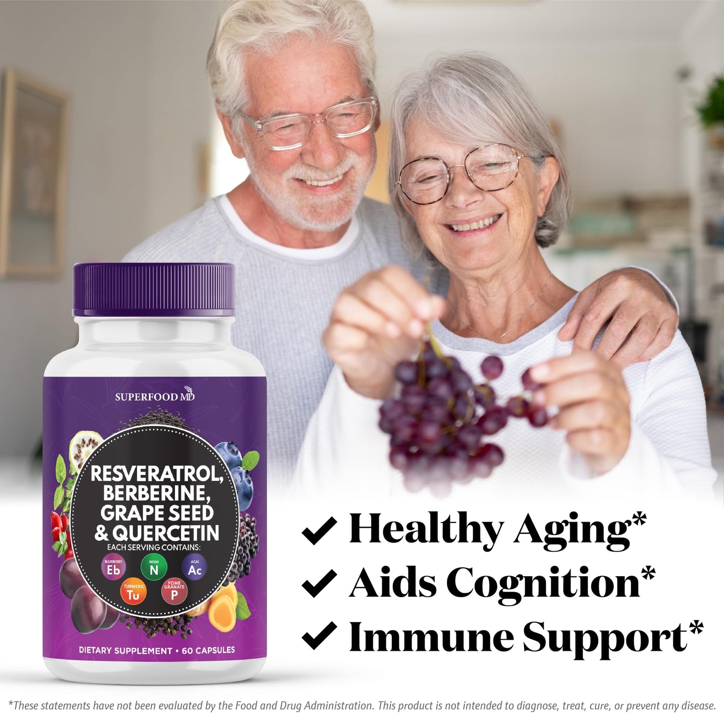 Resveratrol Berberine Grape Seed Extract Quercetin - Polyphenol Supplement with Noni Extract, N-Acetyl Cysteine, Acai Extract - Made in The USA - 120 Capsules