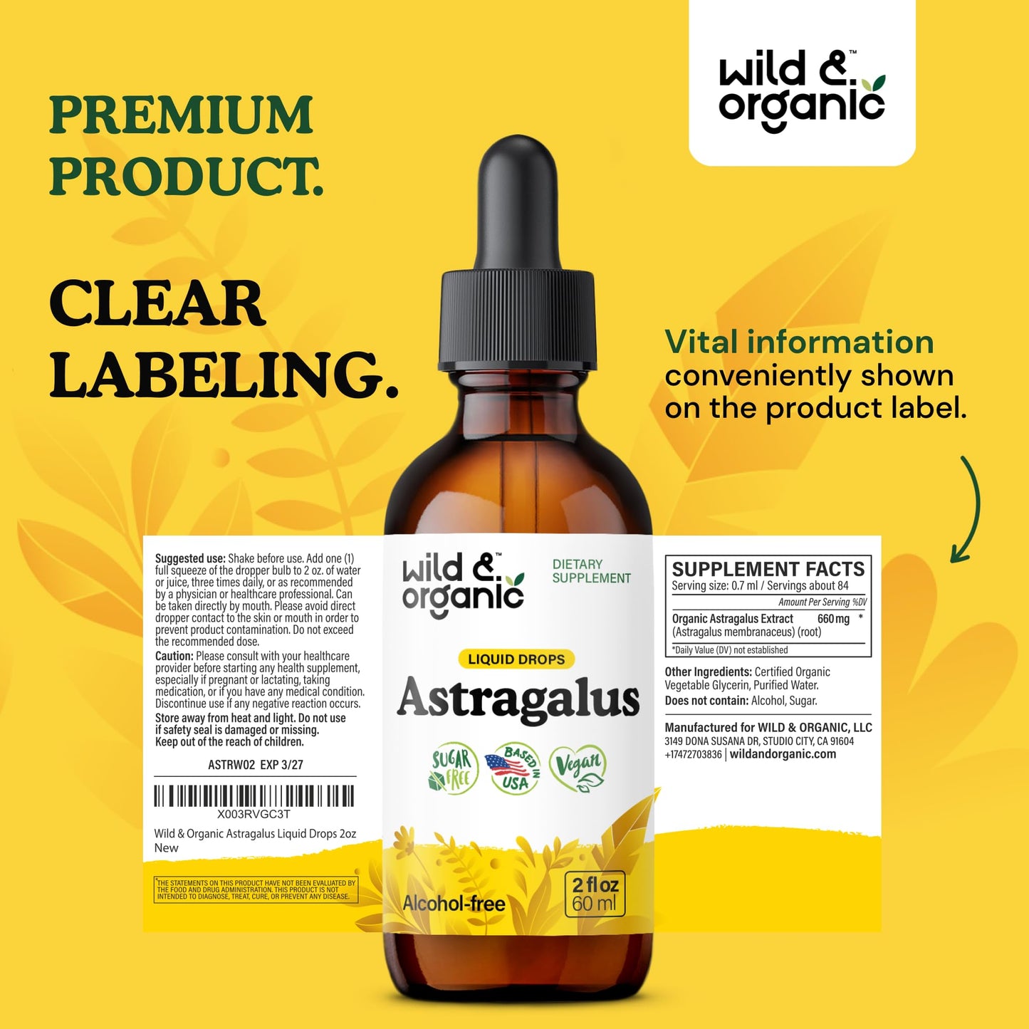 Wild & Organic Astragalus Root Extract Drops - Immune Support - Liquid Astragalus Supplement - Add to Tea & Mix with Powder - Membranaceus Herb - Vegan, Sugar & Alcohol-Free Tincture - 4 fl oz