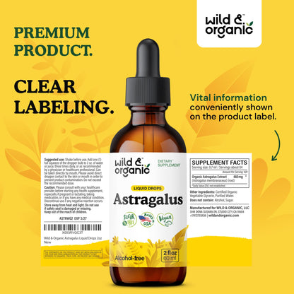 Wild & Organic Astragalus Root Extract Drops - Immune Support - Liquid Astragalus Supplement - Add to Tea & Mix with Powder - Membranaceus Herb - Vegan, Sugar & Alcohol-Free Tincture - 4 fl oz