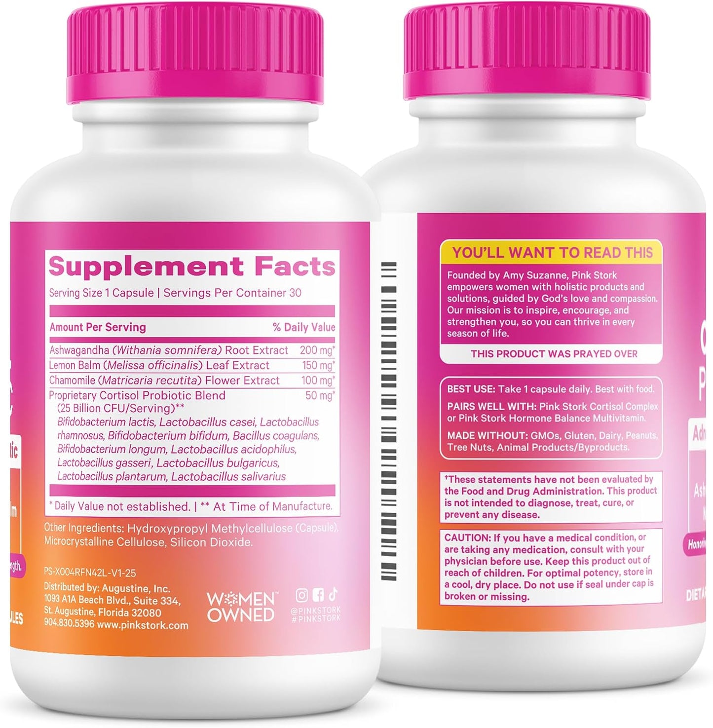 Pink Stork Cortisol Probiotic for Women, 30 Capsules | Ashwagandha, Lemon Balm, Chamomile, 25 Billion CFU, Mood and Adrenal Support, Gut Health, Energy, Focus, Cortisol Management