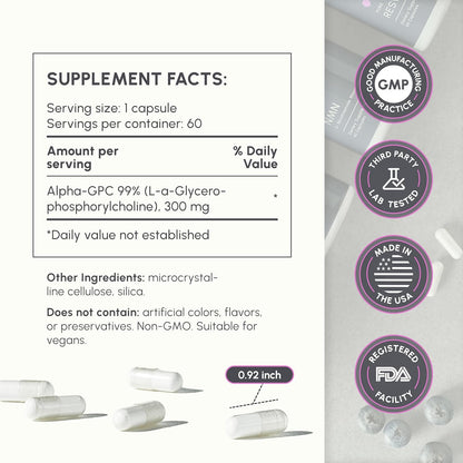 partiQlar Alpha GPC 300mg - Nootropic Brain Memory & Focus Support, 60 Caps