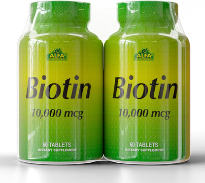 ALFA VITAMINS Biotin 10,000 mcg High Potency Vitamin B7 Supplement for Hair, Skin & Nail Support – 60 Tablets (2-Pack)