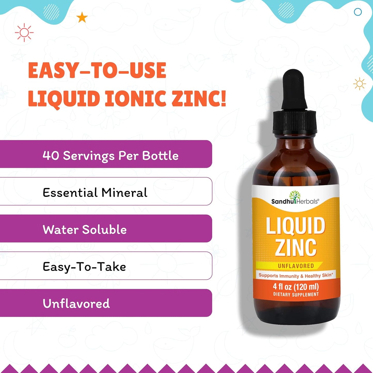 Liquid Zinc Drops for Kids, Toddlers, Babies & Adults | Unflavored 4 Fl Oz Large Pack | Ionic Zink Sulphate Supplements | for Immune Support & Skin Care | Easy to Take, Water Soluble