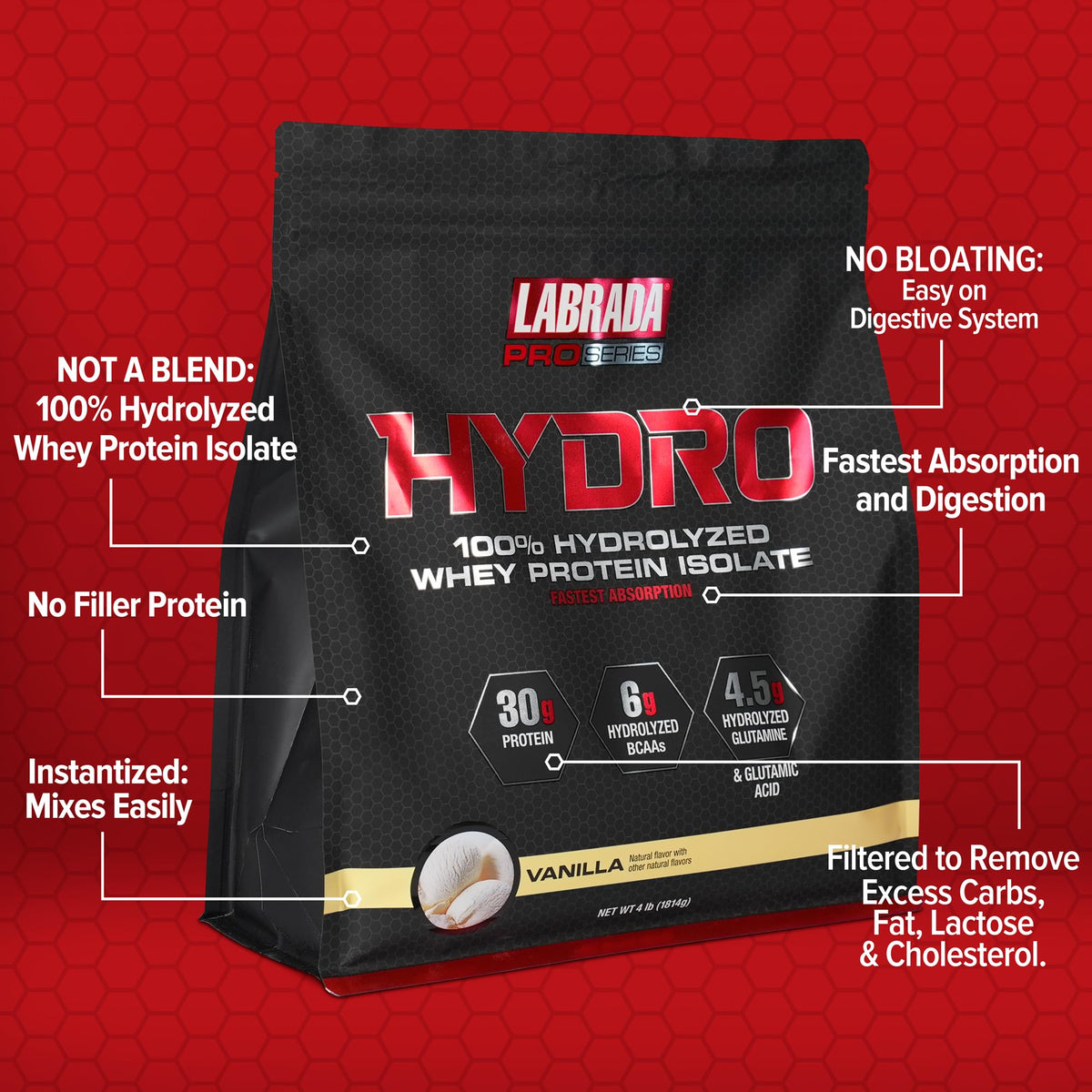 Labrada Hydro 100% Pure Hydrolyzed Whey Protein Isolate Powder, Lactose Free
