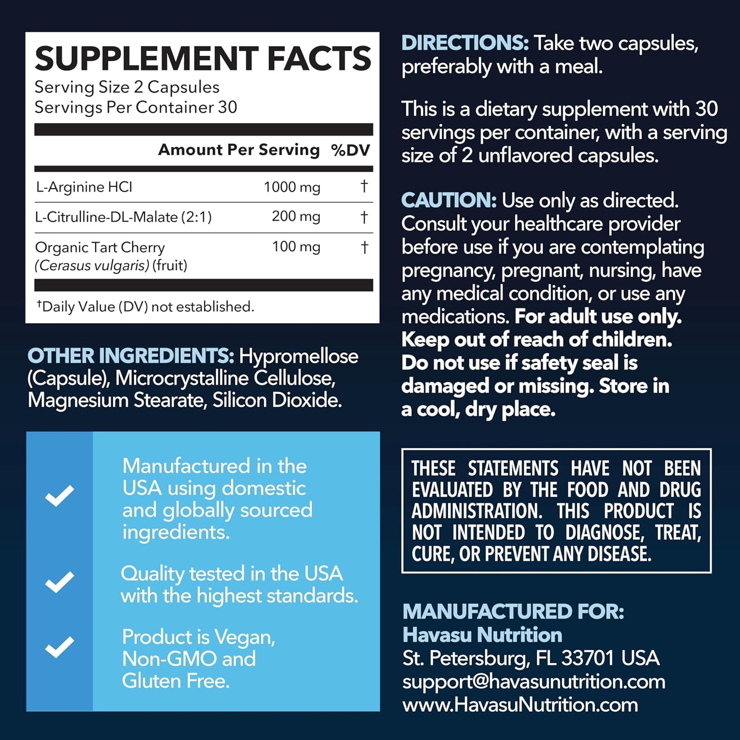 L-Arginine and L-Citrulline for Men, Nitric Oxide Support, 30 Servings | L Arginine 1000mg Capsules with L Citrulline and Tart Cherry, Performance Supplement for Men's Health, Vegan, 60 Count