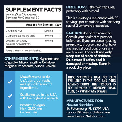 L-Arginine and L-Citrulline for Men, Nitric Oxide Support, 30 Servings | L Arginine 1000mg Capsules with L Citrulline and Tart Cherry, Performance Supplement for Men's Health, Vegan, 60 Count
