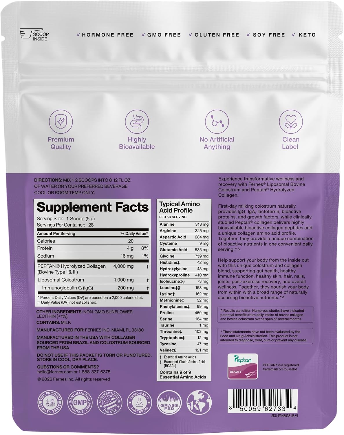 Liposomal Bovine Colostrum Powder with Collagen for Gut Health, Immune Support, Hair Growth & Beauty Supplement | Grass-Fed, Unflavored, 28 Servings