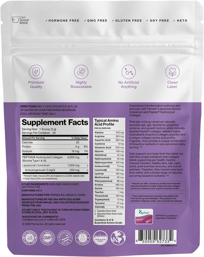 Liposomal Bovine Colostrum Powder with Collagen for Gut Health, Immune Support, Hair Growth & Beauty Supplement | Grass-Fed, Unflavored, 28 Servings
