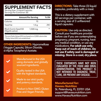 Black Seed Oil Capsules, Vegan, Non-GMO, Cold-Pressed Nigella Sativa, 90ct | 1500mg Per Serving Black Cumin Supplement for Skin Health, Immune Function, and Digestive Health, Unflavored, 30 Servings