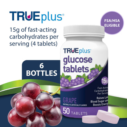 TRUEplus Glucose Tablets, Grape, Raspberry, Orange Flavors, 50 Count | Chewable Tablets, 15g Fast-Acting Carbohydrates, Fat Free, Gluten Free, Boosts Energy, Great Tasting and Easy to Use