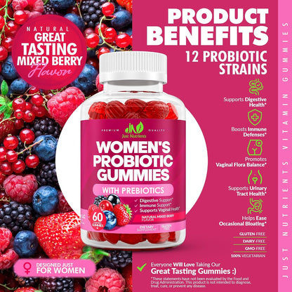 Just Nutrients Women's Probiotic Gummies with Prebiotics | 12 Strains – Digestive, Immune, Vaginal & Urinary Tract Health Support – Natural Mixed Berry Flavor, 60 Gummies