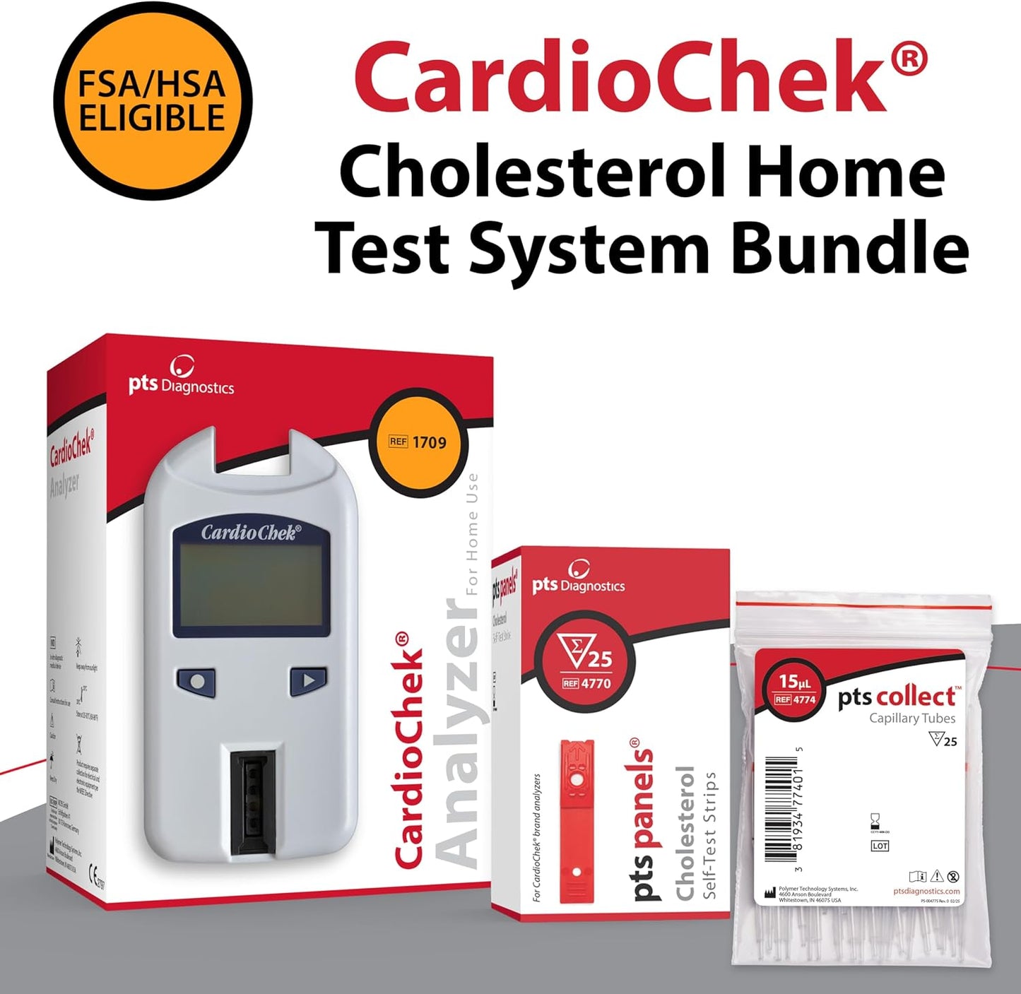 CardioChek Cholesterol Home Test System Bundle, Fast 45-Second Testing | CardioChek At-Home Analyzer, PTS Panels Cholesterol At-Home Self-Test Strips (25 Tests), Capillary Tubes (25 Count)