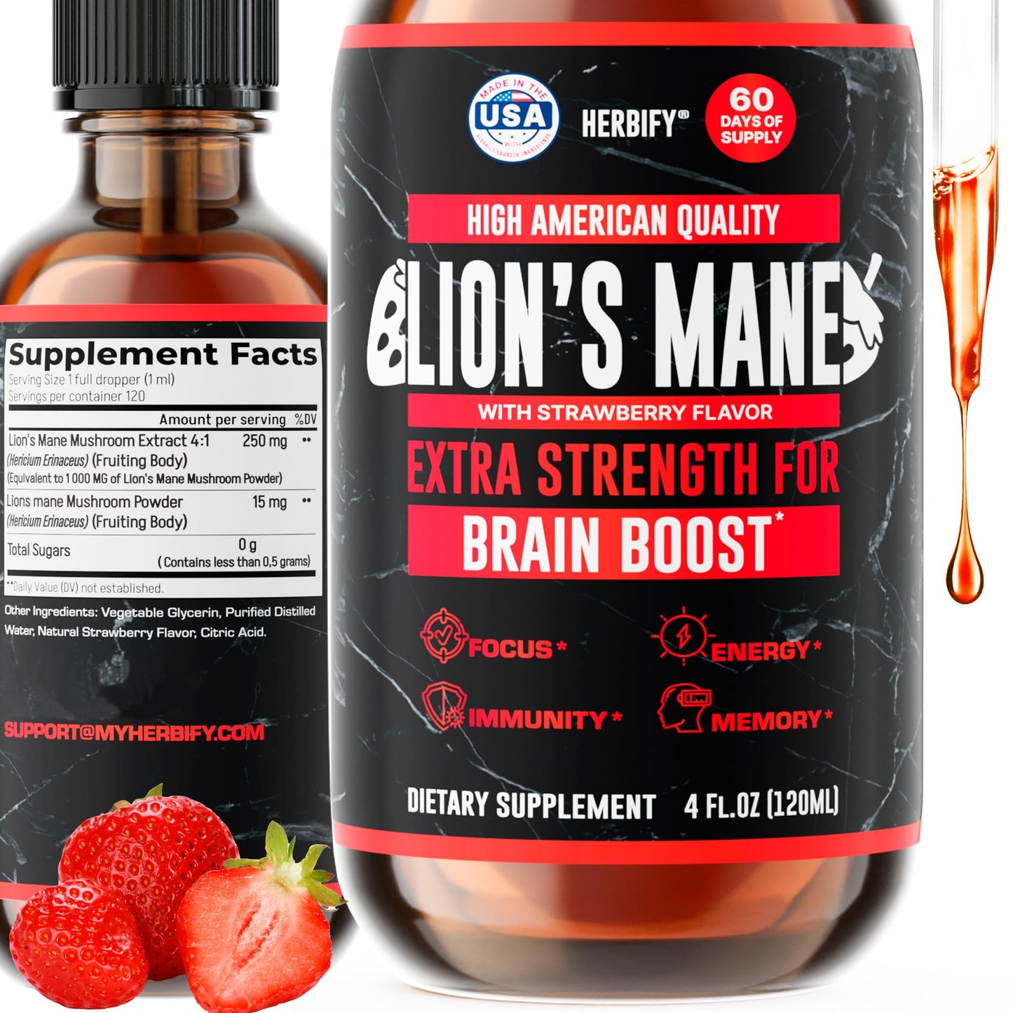 HERBIFY Lions Mane Supplement - Daily Mushroom Supplement for Memory, Focus & Clarity - Brain Booster - Lions Mane Tincture for Immune Support - 4 Fl oz
