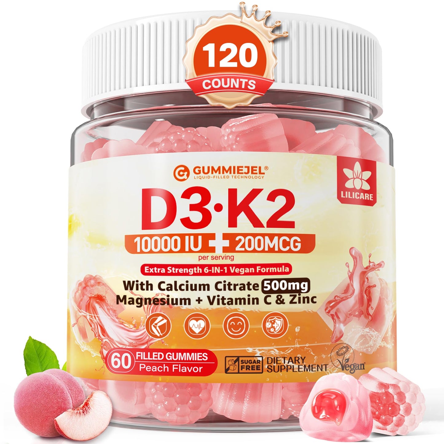 Vitamin D3 K2 Gummies 5000IU / 10,000 IU with 500mg Calcium + K2 (MK-7), Magnesium, Vitamin C & Zinc, For GLP-1 Users, Extra Strength - Ultimate Absorption for Bones, Muscles & Teeth, Vegan, 60Count