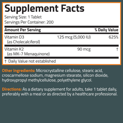 Bronson Vitamin K2 D3 (MK7) Supplement 2-in-1 D3 & K2 Complex, 120 Tablets | Bone, Immune & Heart Health Support, Gluten-Free, Soy-Free, Non-GMO, Vitamin D3 5000 IU (125 mcg) & 90 mcg K2 MK-7