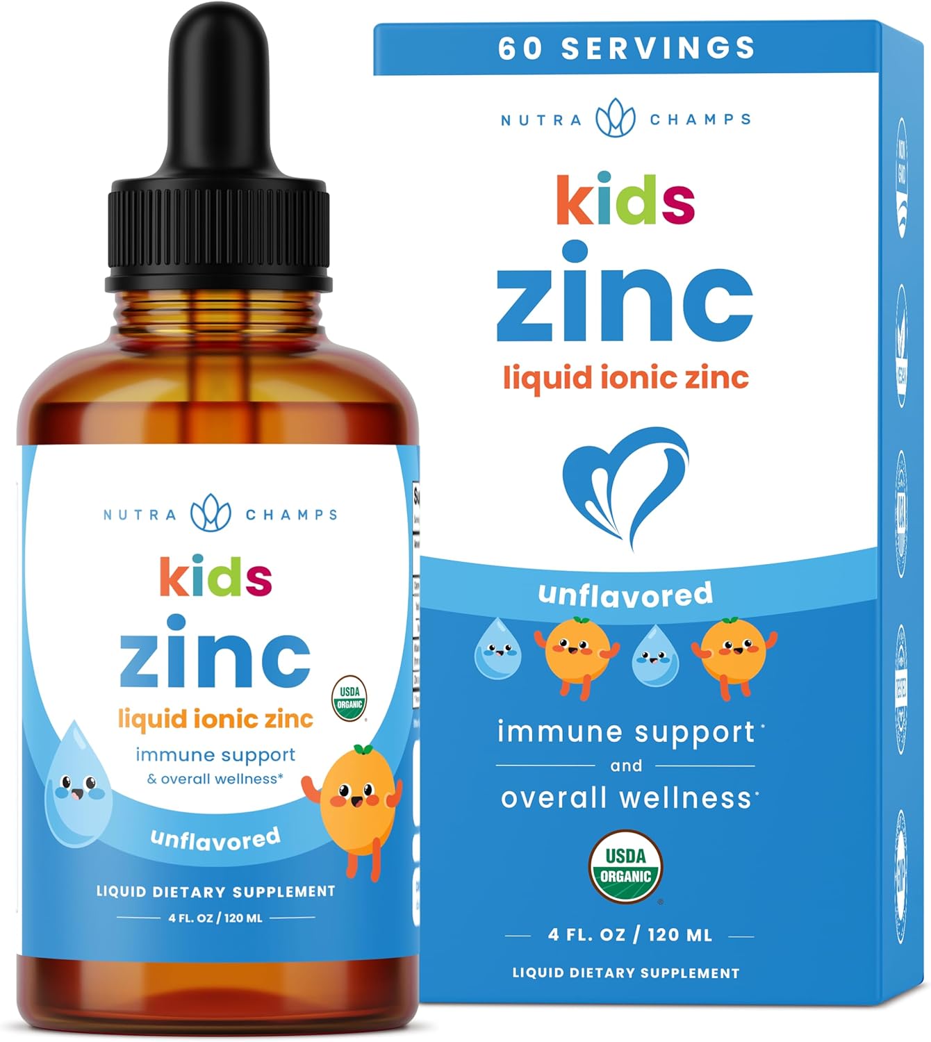 NutraChamps Organic Liquid Zinc Drops for Kids, Ionic Zinc Drops Enhanced with Vitamin C for Children, Sugar-Free 4 oz, Vegan & Non-GMO, Unflavored, 60 Servings, 2 Month Supply