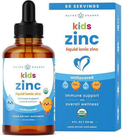 NutraChamps Organic Liquid Zinc Drops for Kids, Ionic Zinc Drops Enhanced with Vitamin C for Children, Sugar-Free 4 oz, Vegan & Non-GMO, Unflavored, 60 Servings, 2 Month Supply