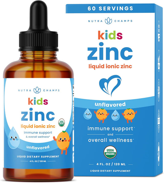 NutraChamps Organic Liquid Zinc Drops for Kids, Ionic Zinc Drops Enhanced with Vitamin C for Children, Sugar-Free 4 oz, Vegan & Non-GMO, Unflavored, 60 Servings, 2 Month Supply