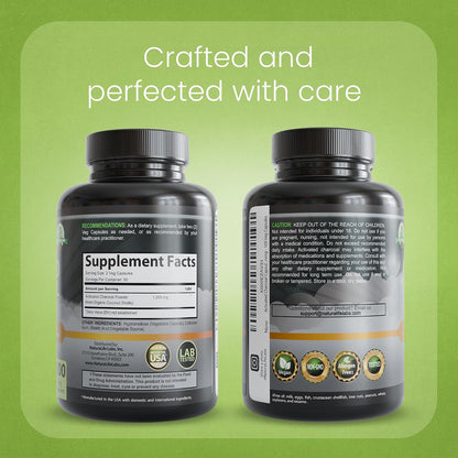 NaturaLife Labs Activated Charcoal 1200 mg per Serving – from Coconut Shells – 100 Veg Capsules – Non-GMO, Gluten-Free, Vegan