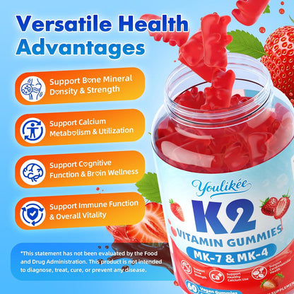 Vitamin K2 Gummies, Dual Formula Vitamin K2 Supplement with MK-7 & MK-4, Supports Bone Health, Gluten-Free, Sugar-Free, Non-GMO, Strawberry Flavor, 60 Gummies